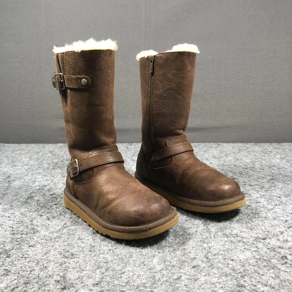 UGG Shearling Boots Girls 3 Brown Leather Zip Buckle Lined 1969 Mid Calf Winter